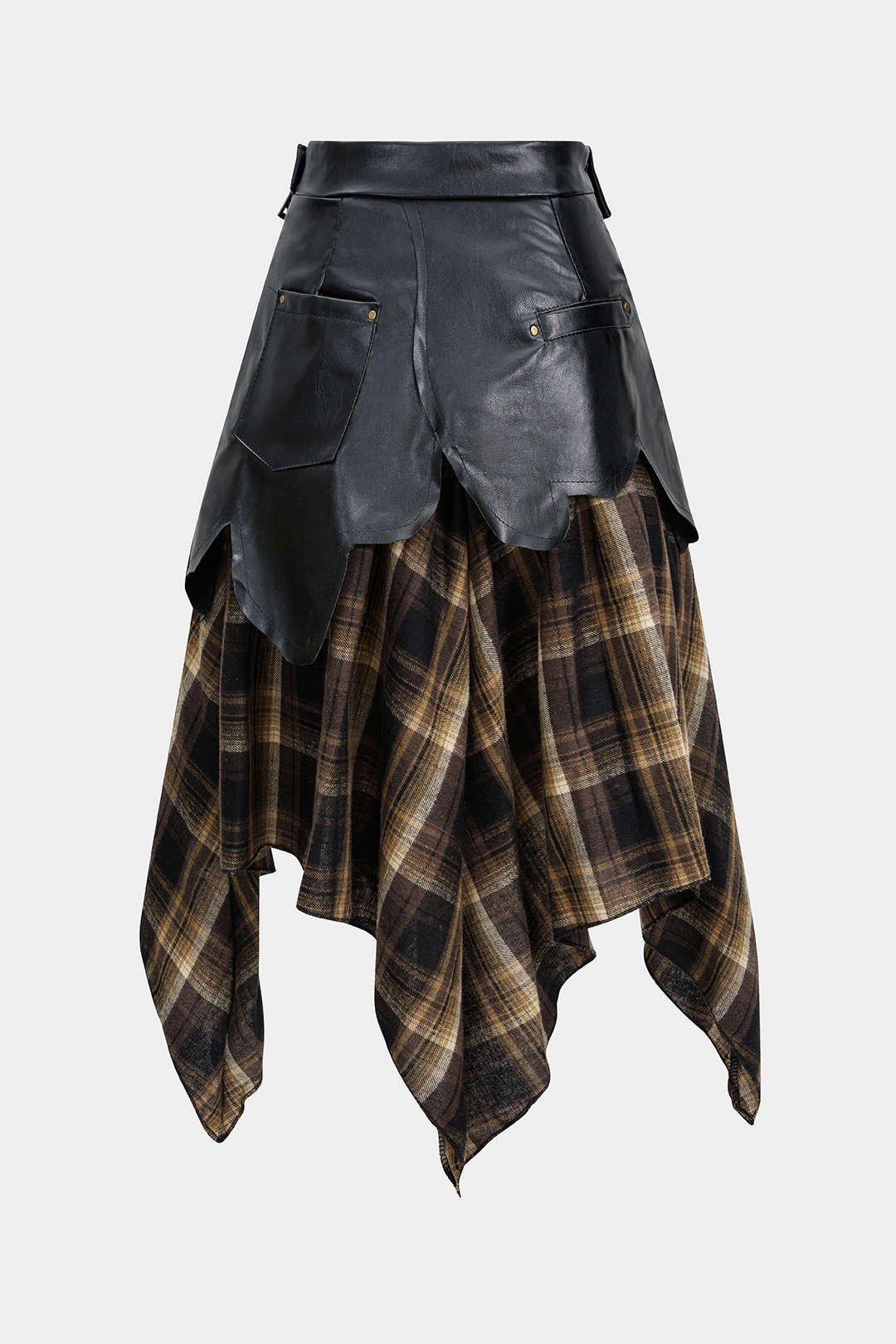 Color Block Plaid Print Faux Leather Patchwork Tie-Up Asymmetrical Pocket Skirt - Image 2