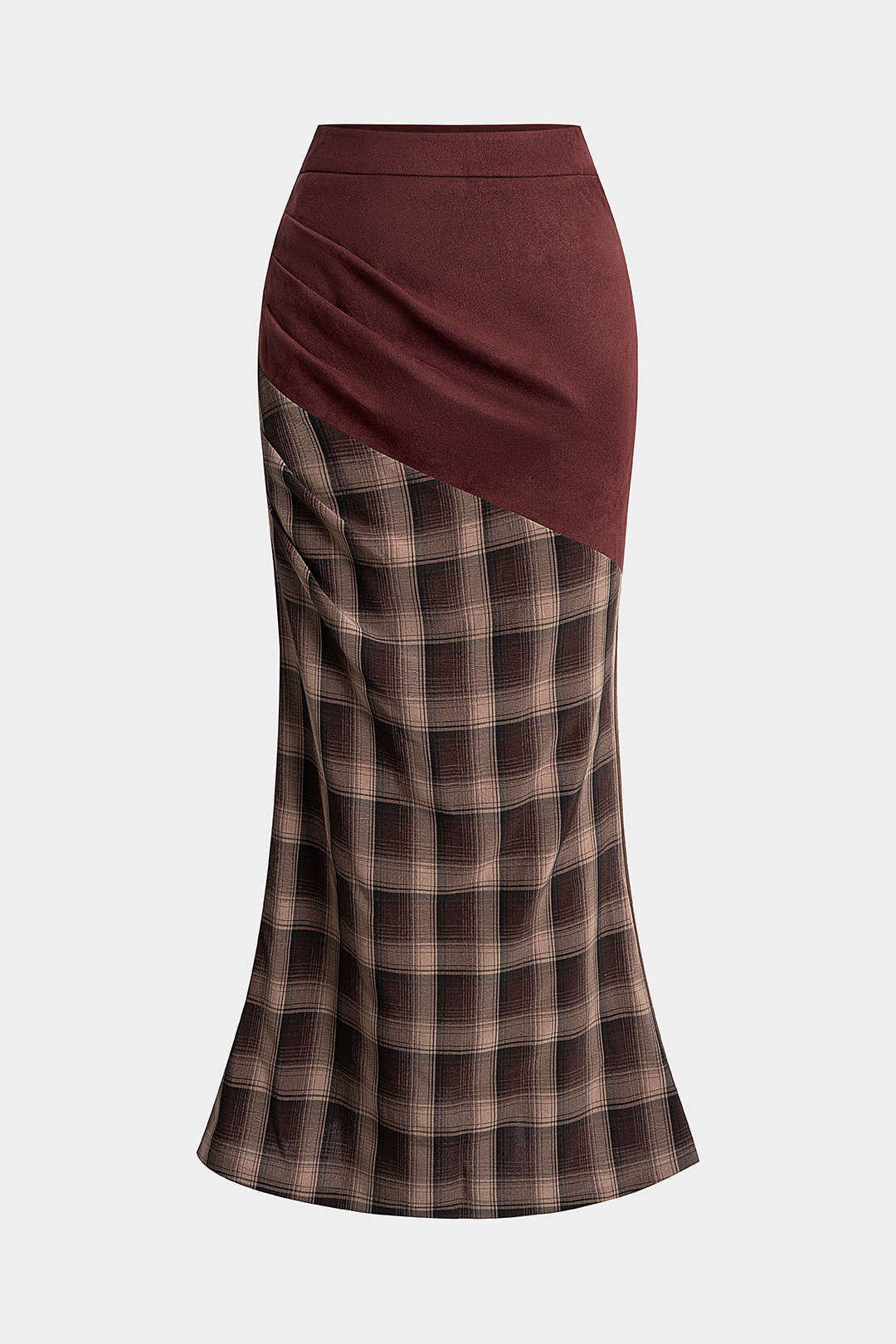 Suede Patchwork Plaid Print High Waist Skirt - Image 10