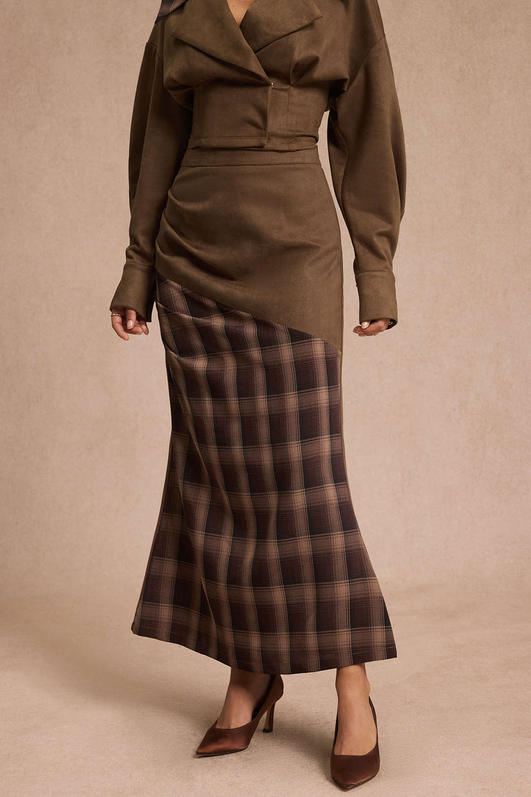Suede Patchwork Plaid Print High Waist Skirt - Image 6