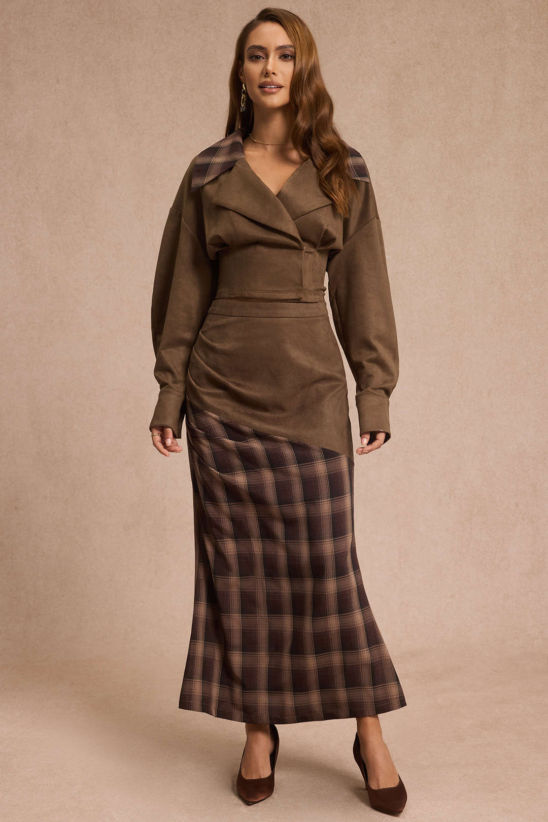 Suede Patchwork Plaid Print High Waist Skirt - Image 7