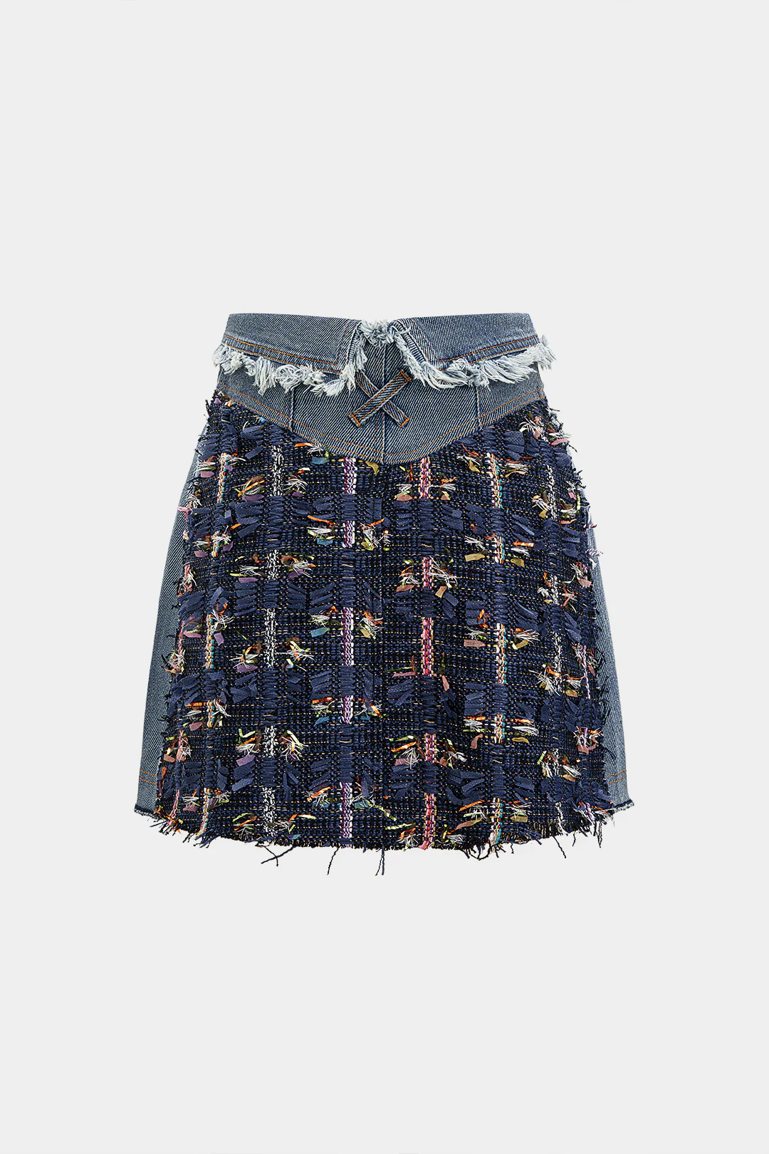 Denim Jacquard Patchwork Frayed Pocket Mini Skirt - Image 2