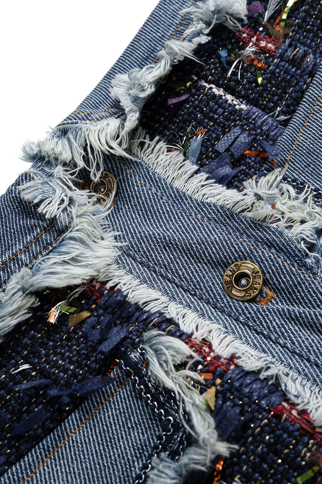 Denim Jacquard Patchwork Frayed Pocket Mini Skirt - Image 3