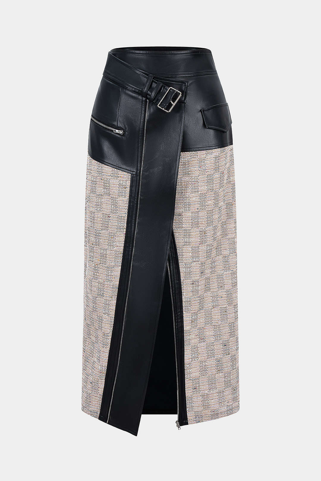 Faux Leather Patchwork Asymmetrical Zipper Split Skirt