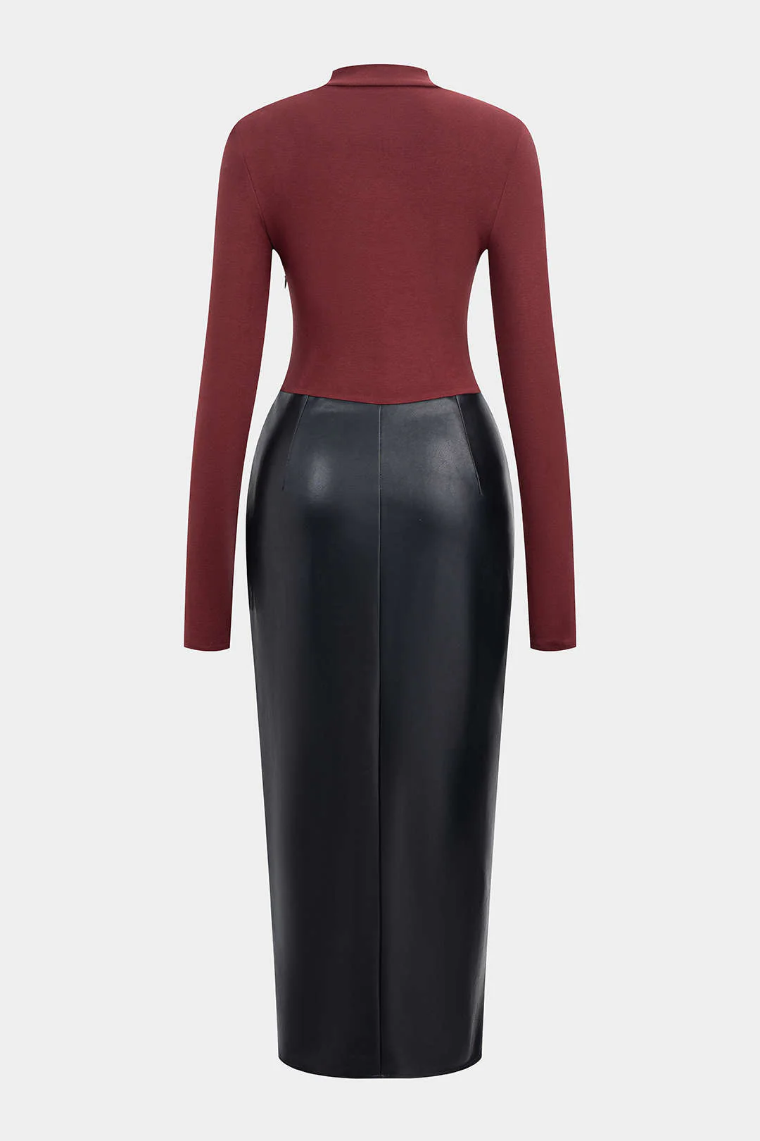 Faux Leather Patchwork Mock Neck Ruched Long Sleeve Midi Dress - Image 2