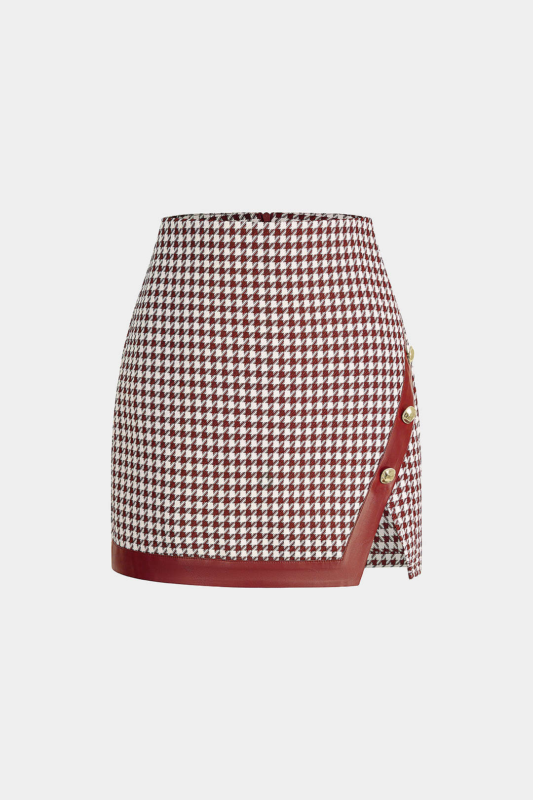 Houndstooth Print Faux Leather Patchwork Asymmetrical Side Split Skirt - Image 5