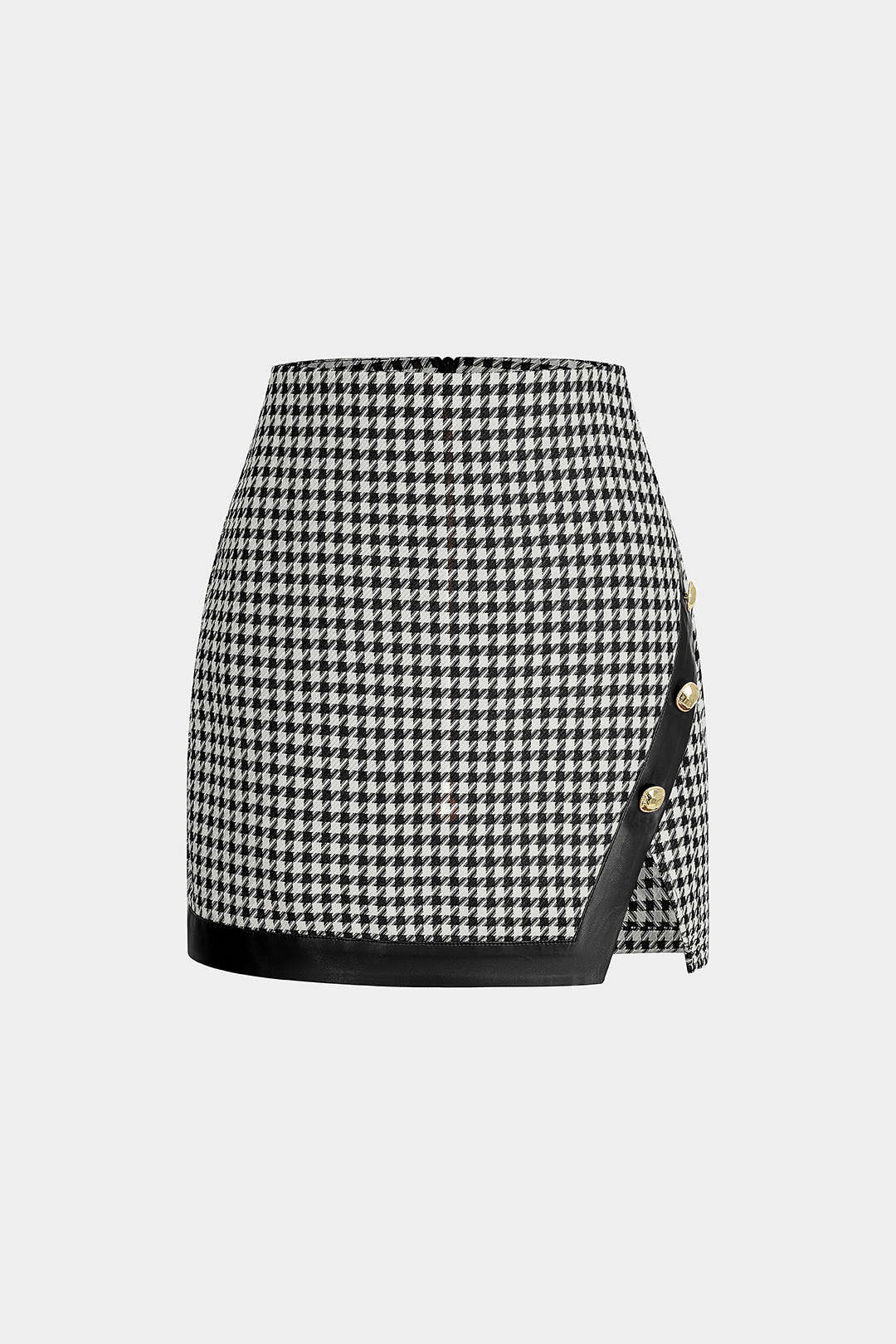 Houndstooth Print Faux Leather Patchwork Asymmetrical Side Split Skirt - Image 6