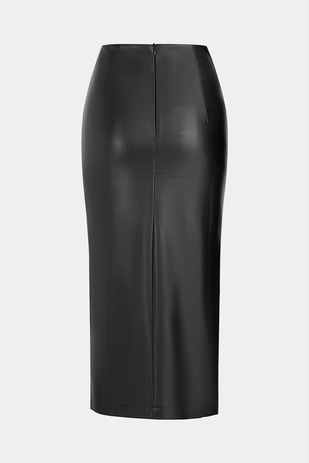 Faux Leather Metallic Buckle Slit Skirt - Image 2