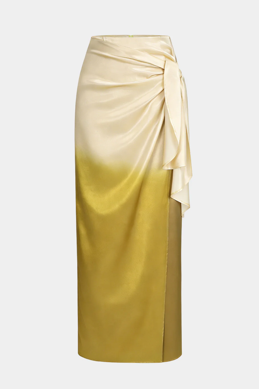 Ombre Print Satin Asymmetrical Tie-Up Ruched Skirt
