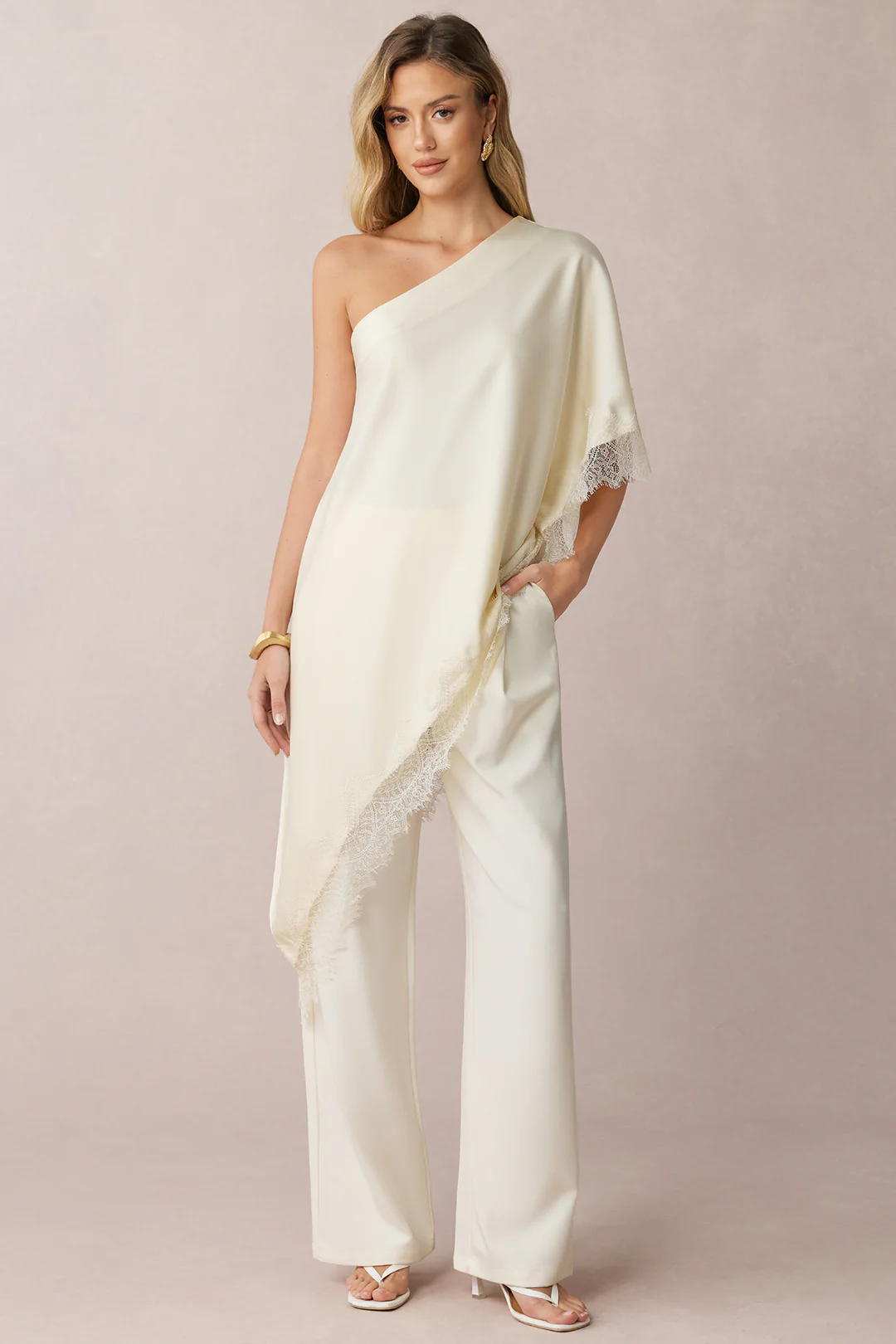 Satin Lace Trim One Shoulder Asymmetrical Short Sleeve Sweatshirt - Image 2