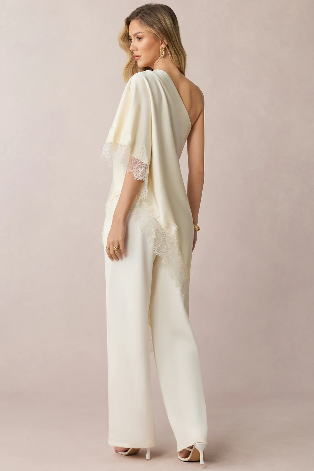 Satin Lace Trim One Shoulder Asymmetrical Short Sleeve Sweatshirt - Image 4