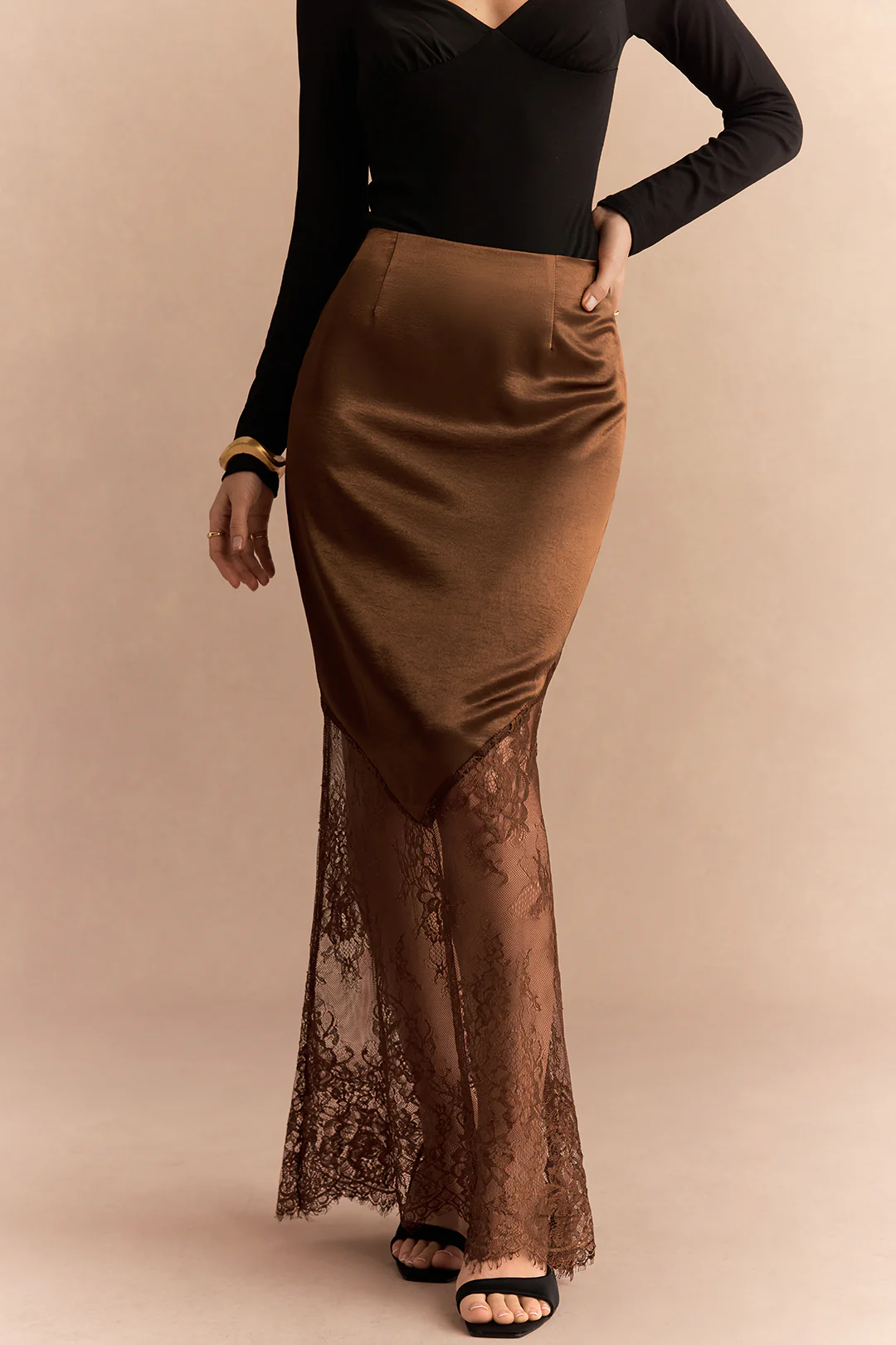 Satin Patchwork Lace Zipper Skirt