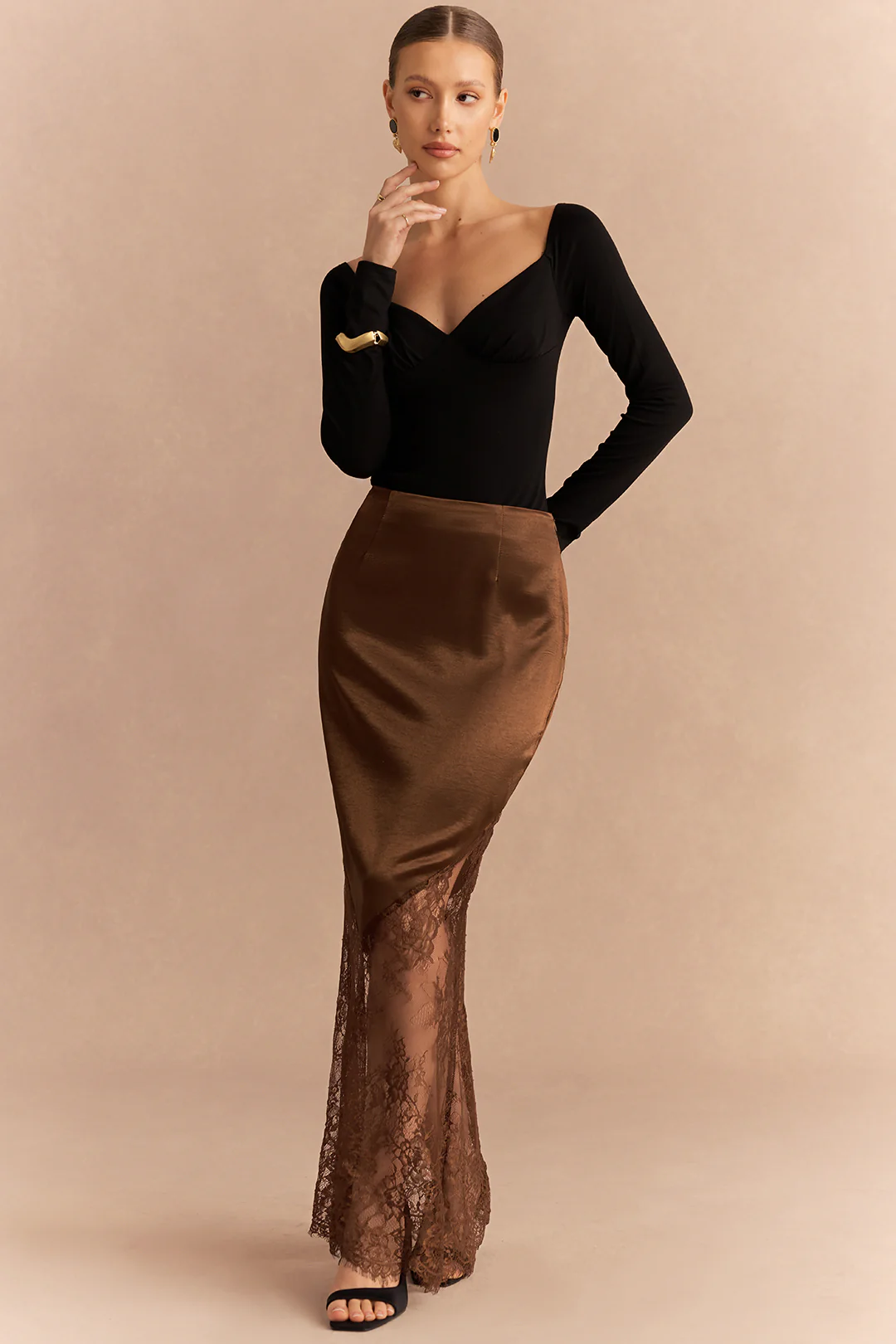Satin Patchwork Lace Zipper Skirt - Image 2