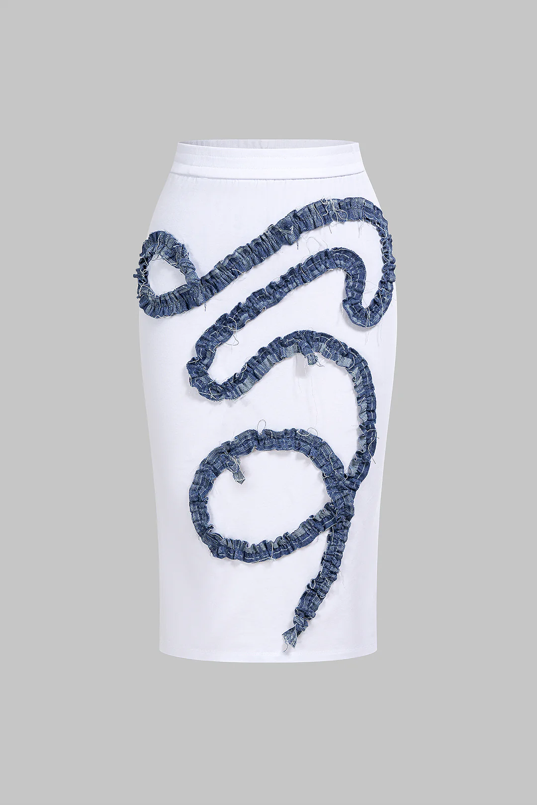 Patchwork Denim Ruched Asymmetrical Skirt - Image 2