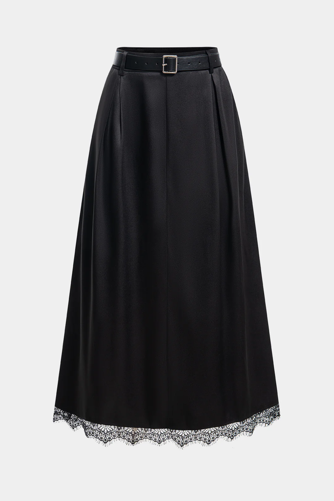 Satin Patchwork Lace Trim Belted High Waist Skirt