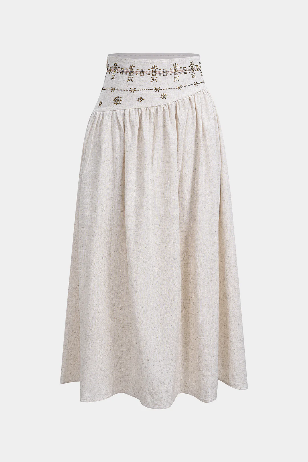 Rhinestone Linen Asymmetrical Ruched High Waist Skirt