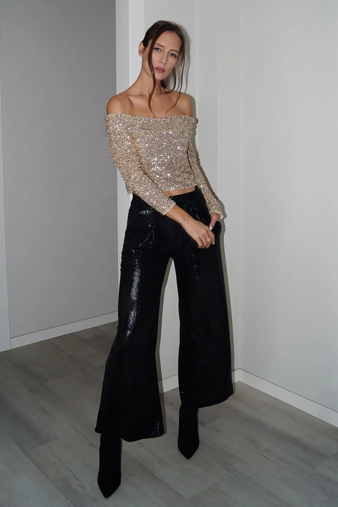 Sequin High Waisted Wide Leg Trousers - Image 2