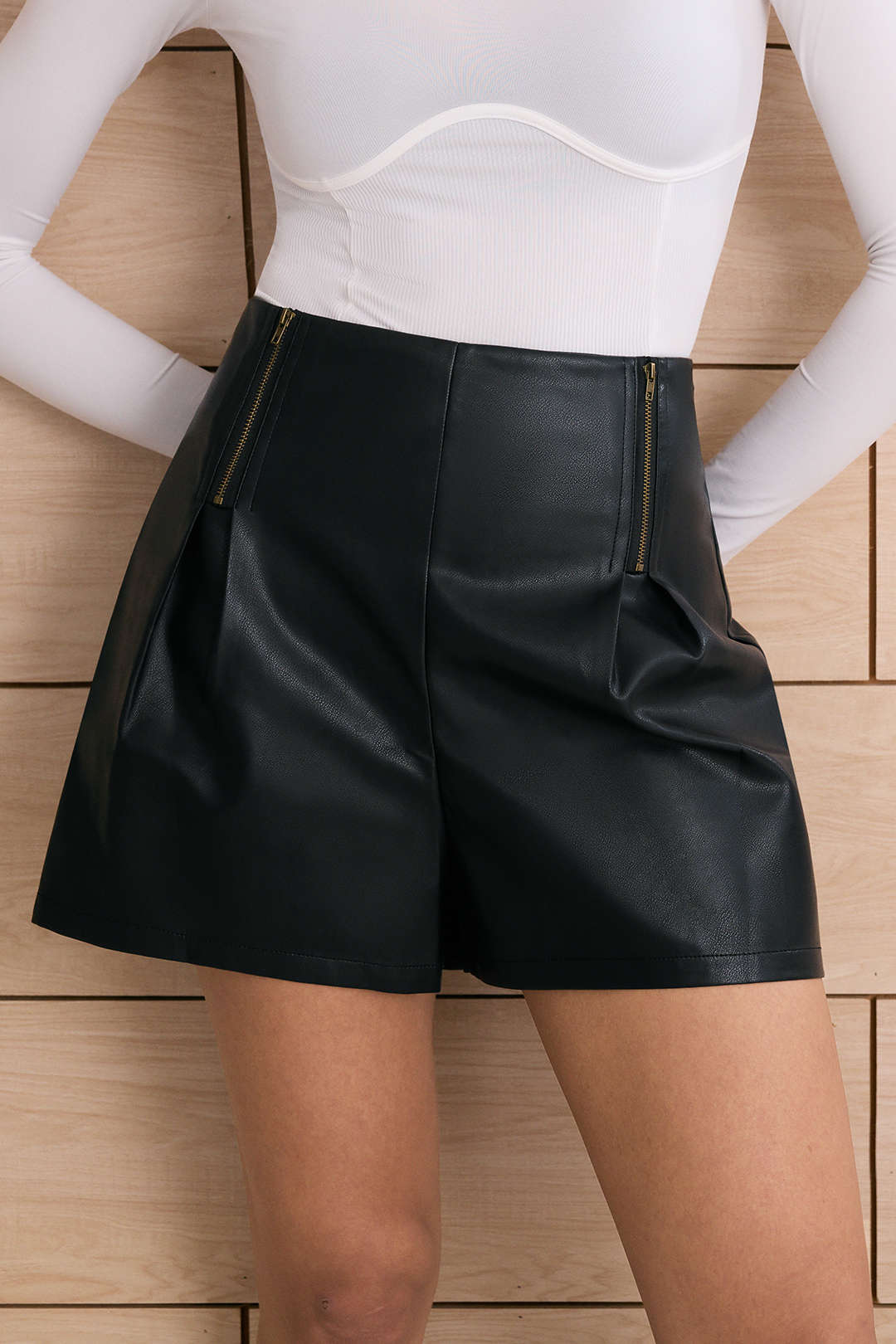 Faux Leather Ruched Zipper Shorts - Image 7