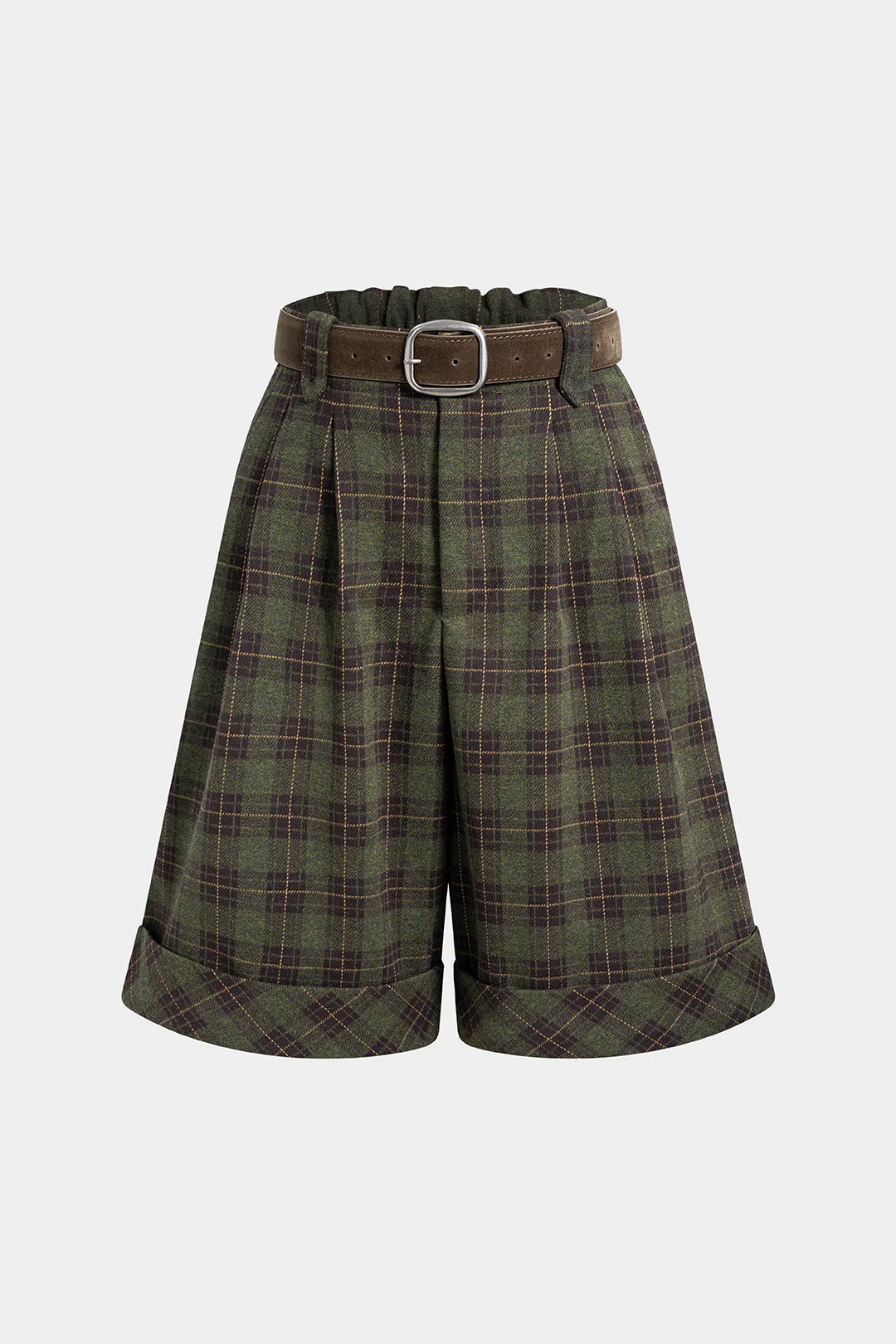 Plaid Print Belted Cuffed Shorts