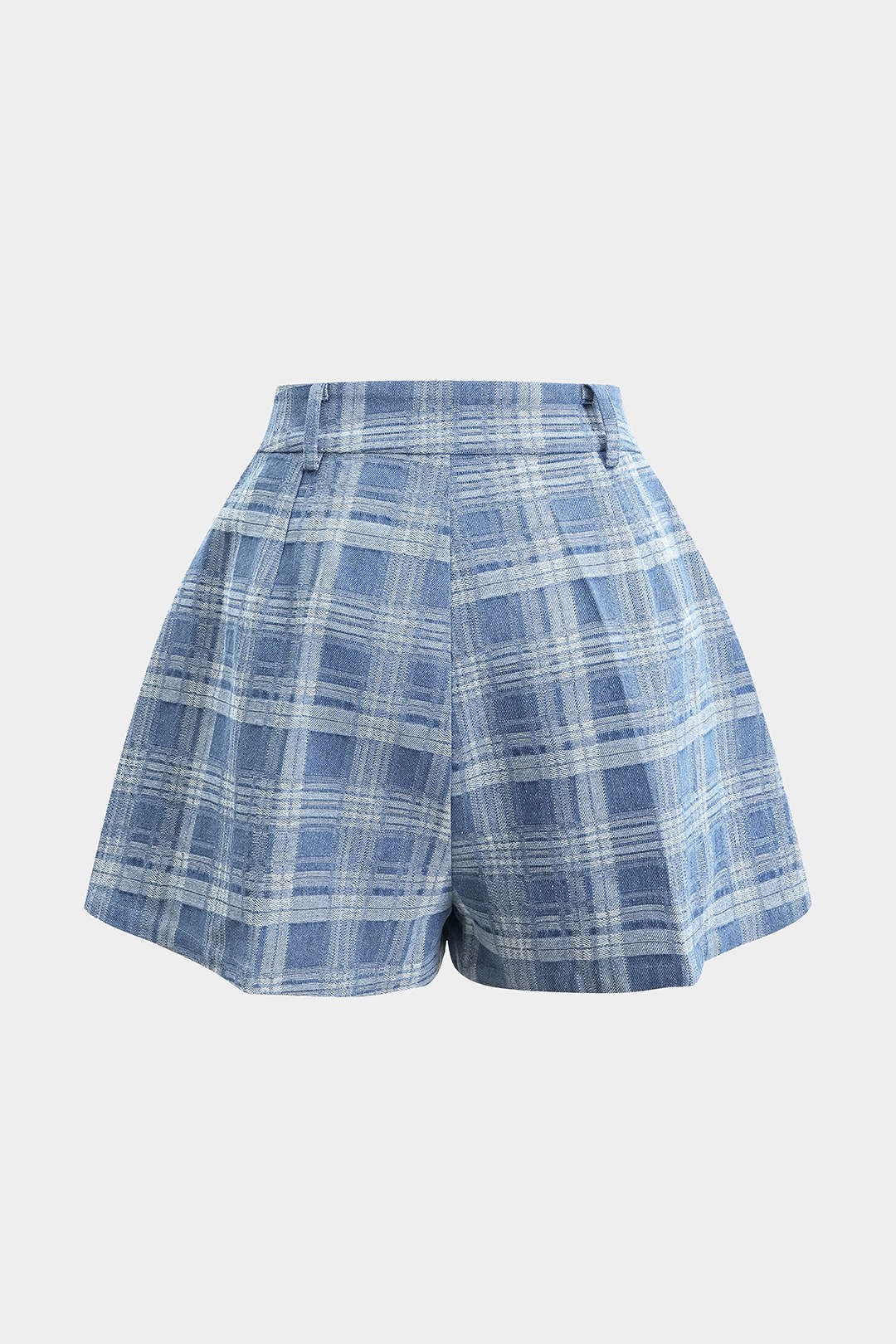 Denim Plaid Print Button Zipper Shorts - Image 2