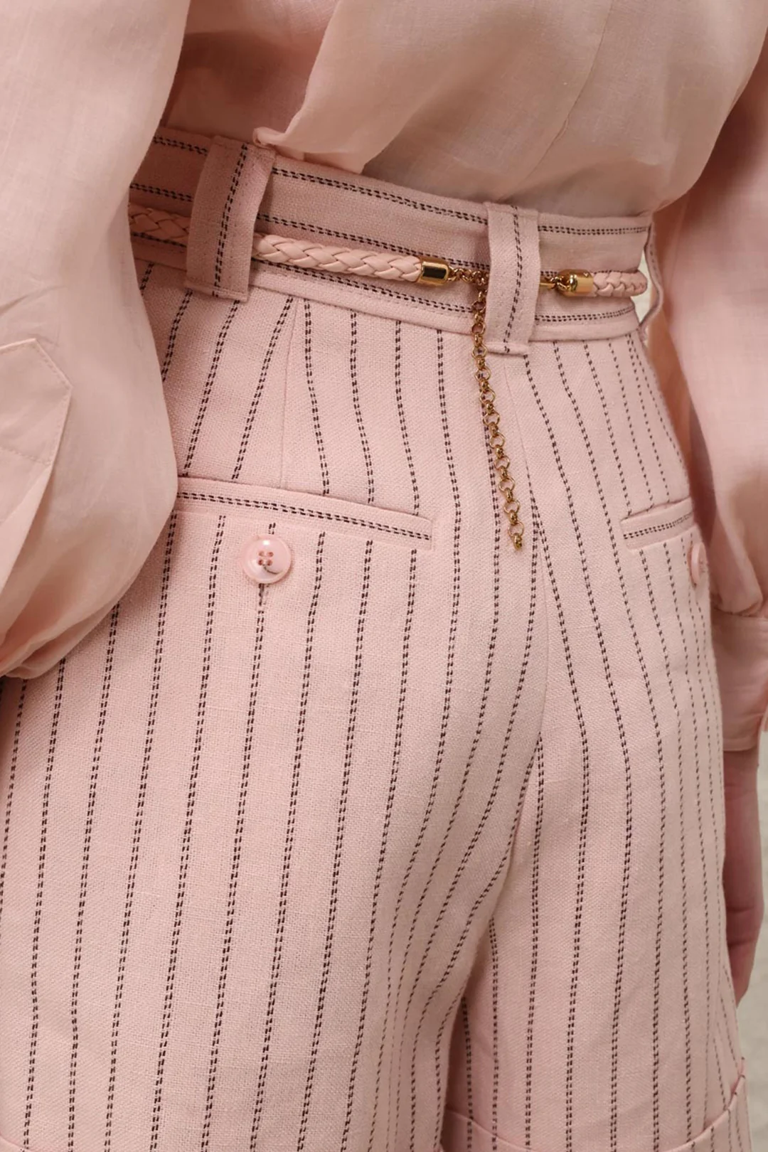 Stripes Print Linen Belted Shorts - Image 2