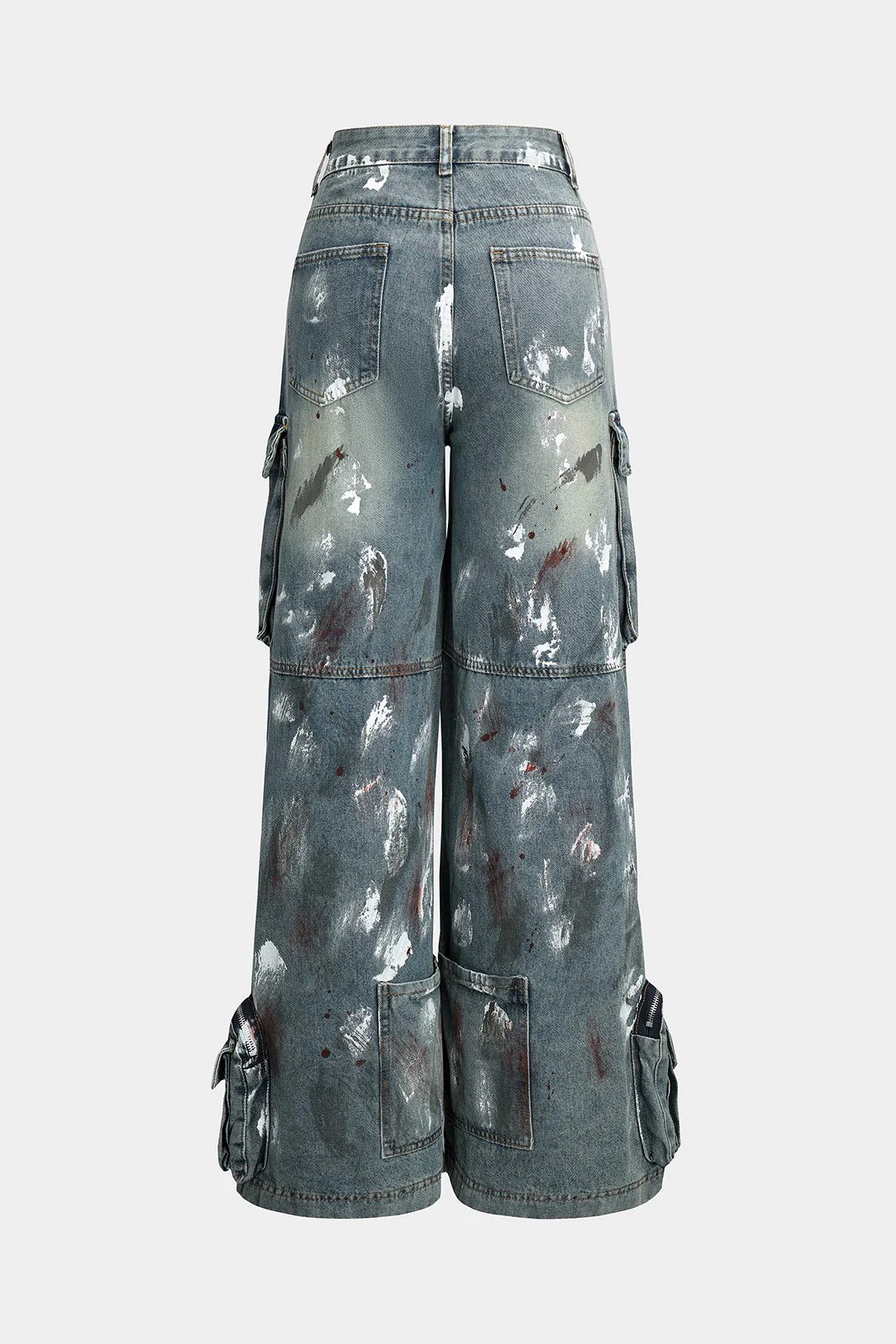 Graffiti Denim Washed Button Pocket Zipper Wide Leg Jeans - Image 2