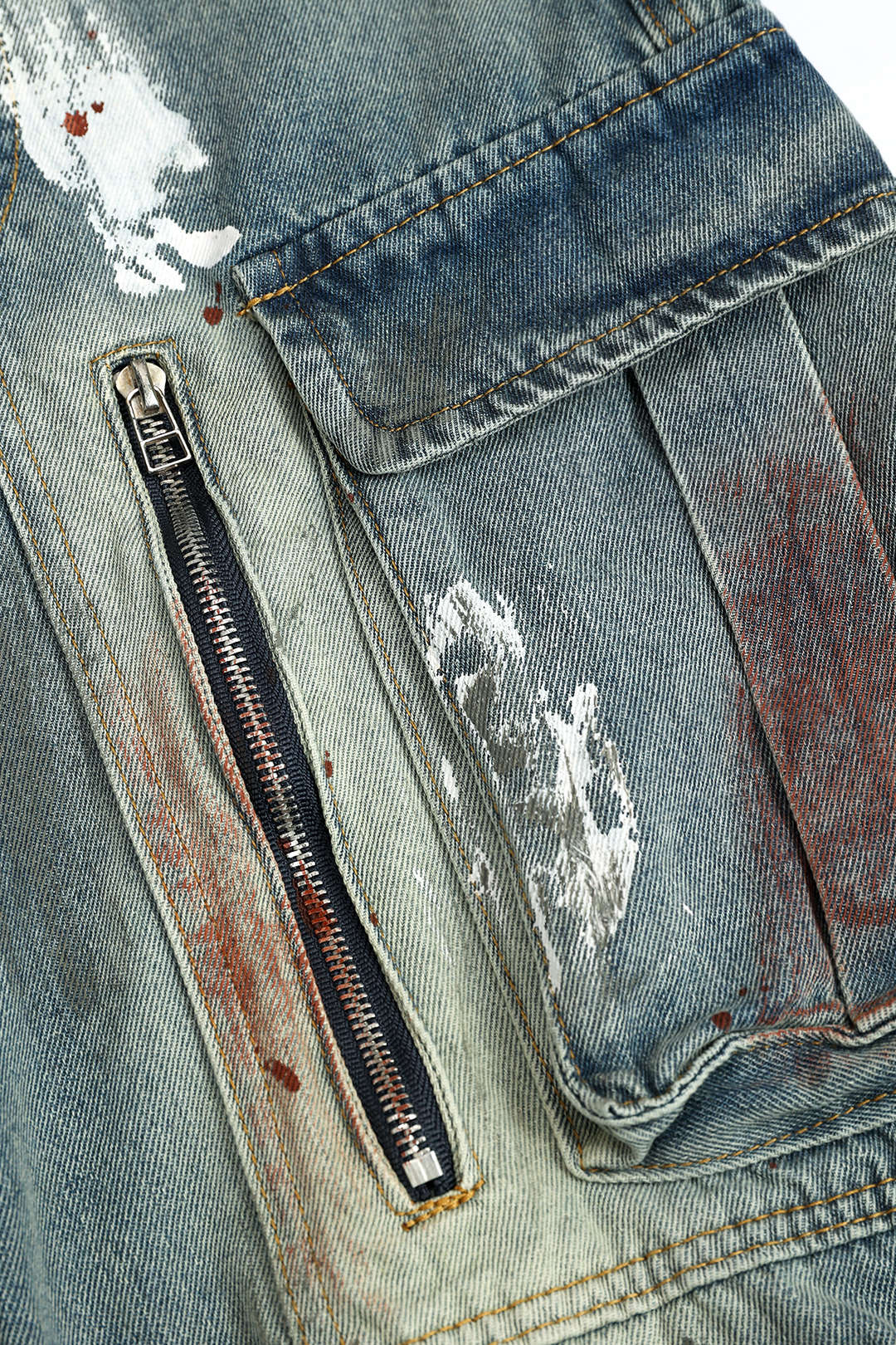 Graffiti Denim Washed Button Pocket Zipper Wide Leg Jeans - Image 3