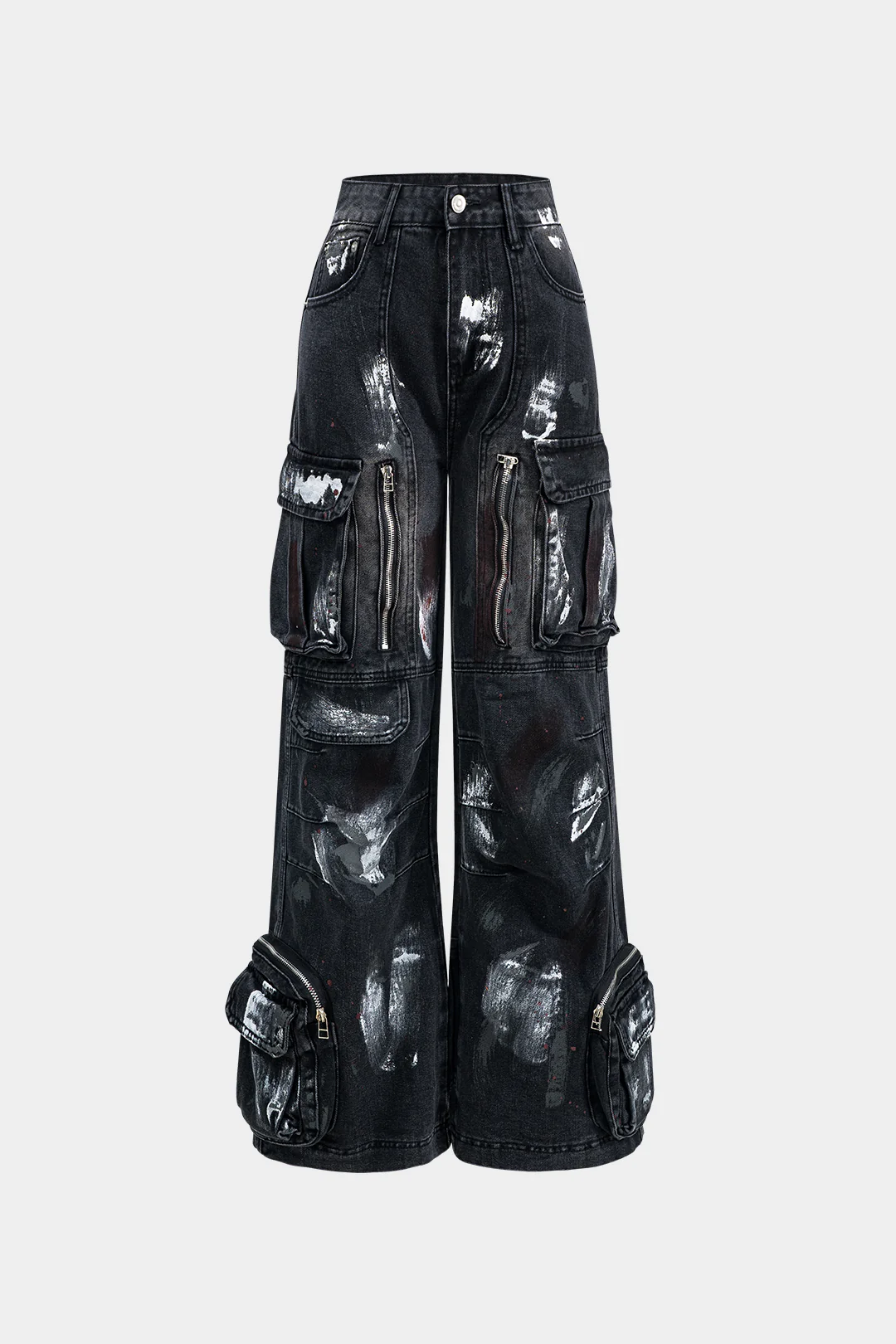 Graffiti Denim Washed Button Pocket Zipper Wide Leg Jeans - Image 5