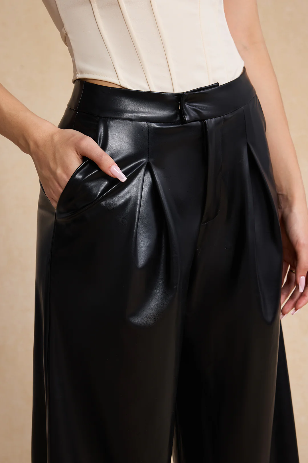 Faux Leather Linen High Waist Patchwork Trousers - Image 11