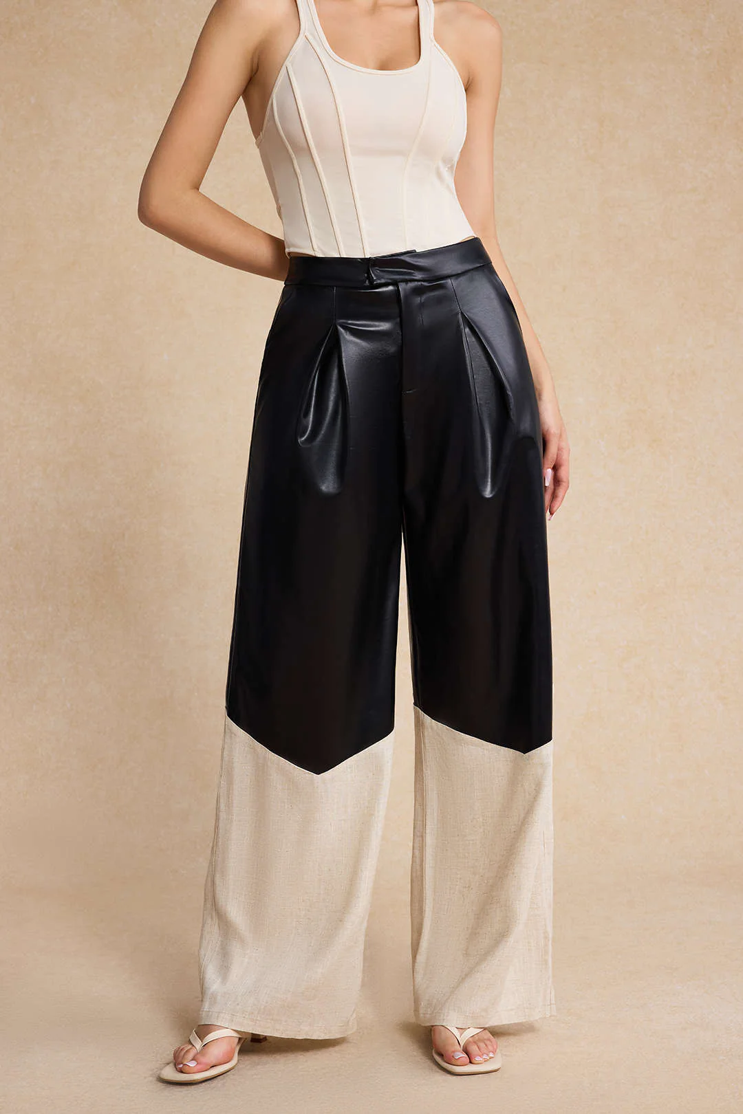 Faux Leather Linen High Waist Patchwork Trousers - Image 7