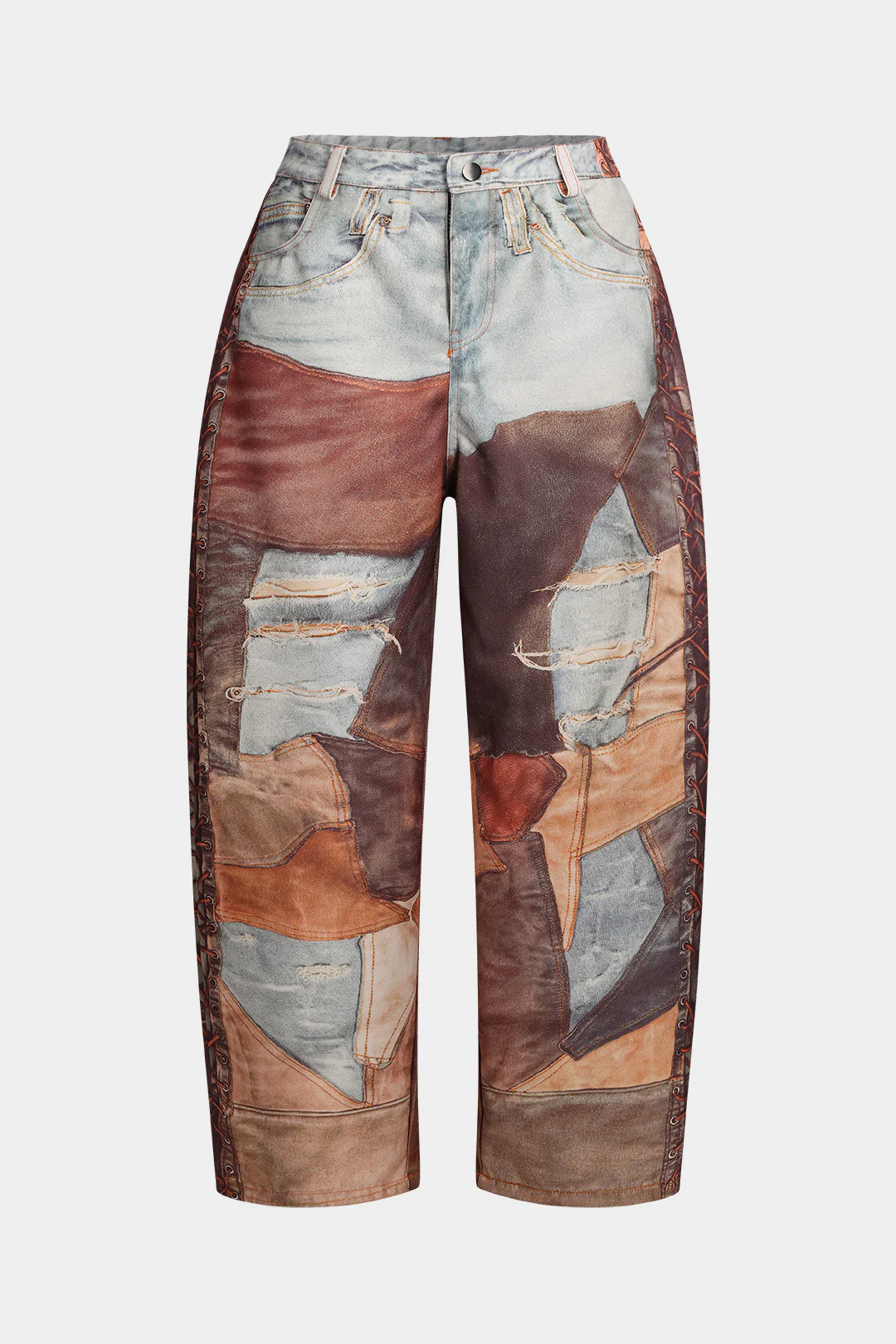 Plus Size Patchwork Button Zipper Pocket Wide Leg Trousers - Image 3