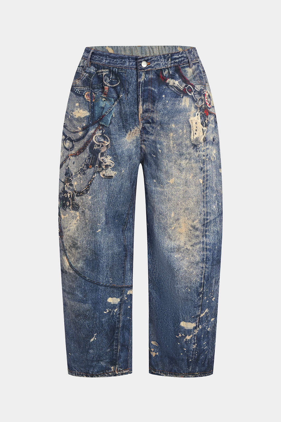 Plus Size Abstract Watercolor Print Button Pocket Trousers - Image 2