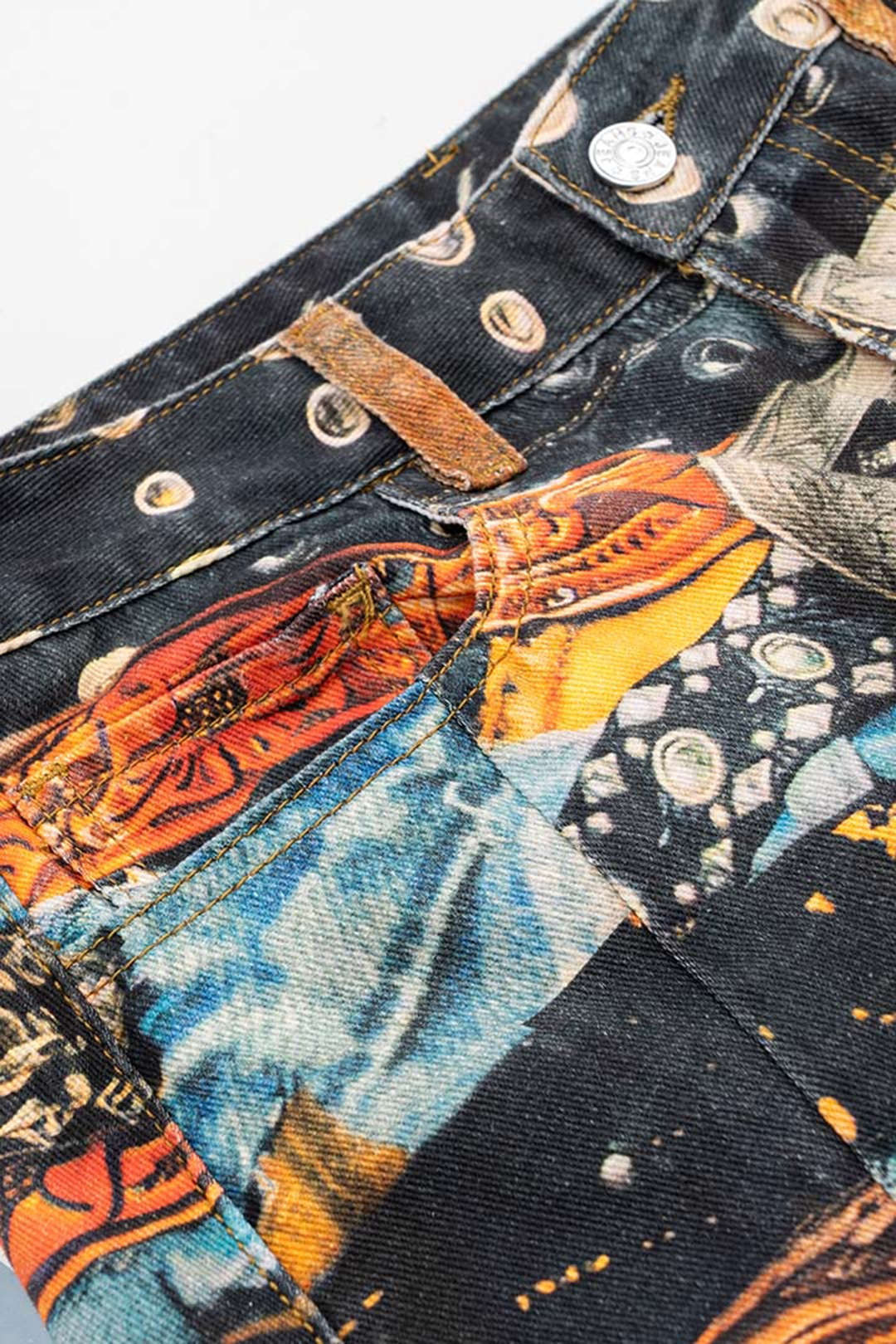 Plus Size Abstract Print Denim Zipper Detail High Waist Barrel Pants - Image 3