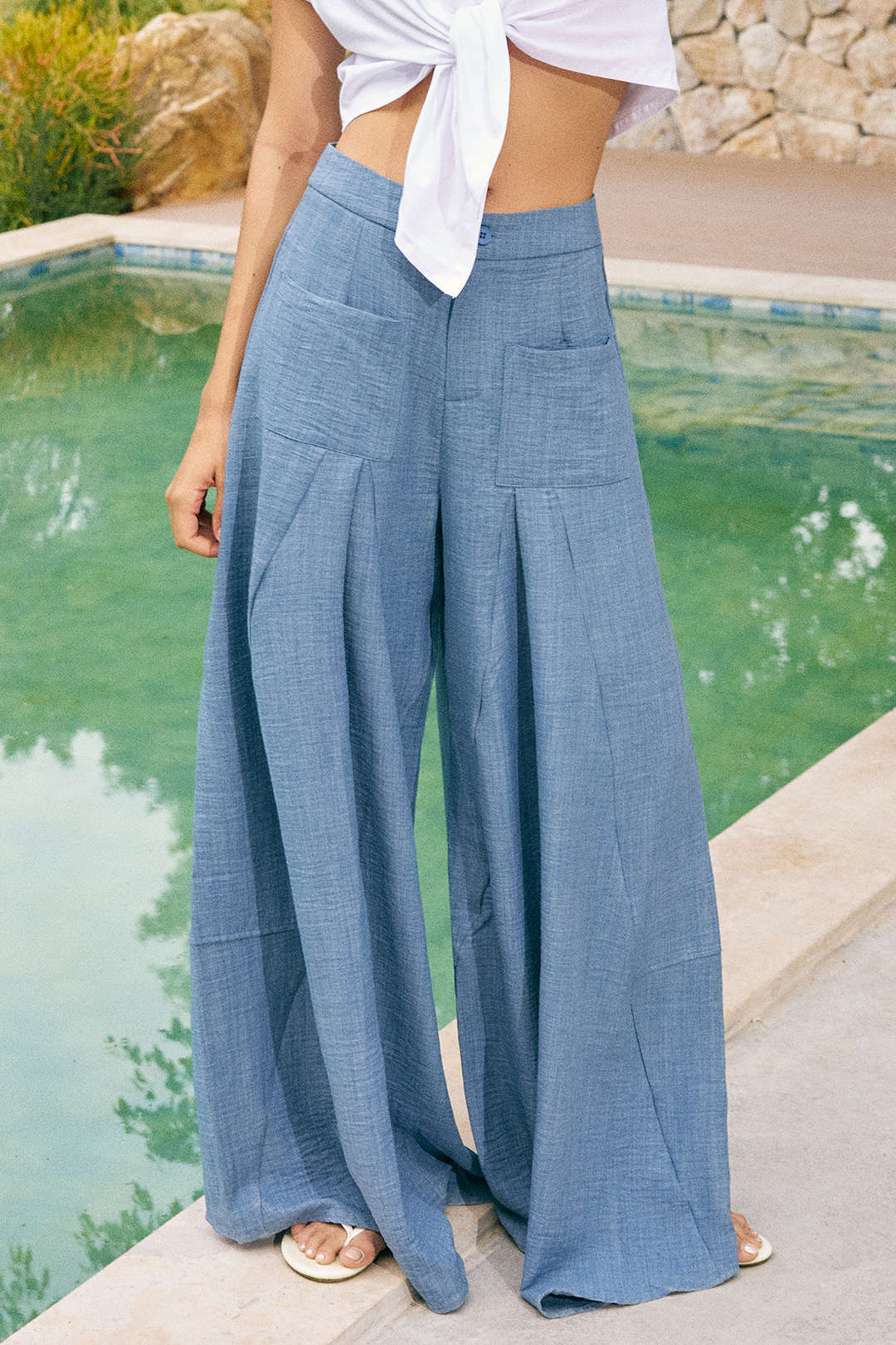Ruched Zipper Pocket Wide Leg Trousers - Image 9