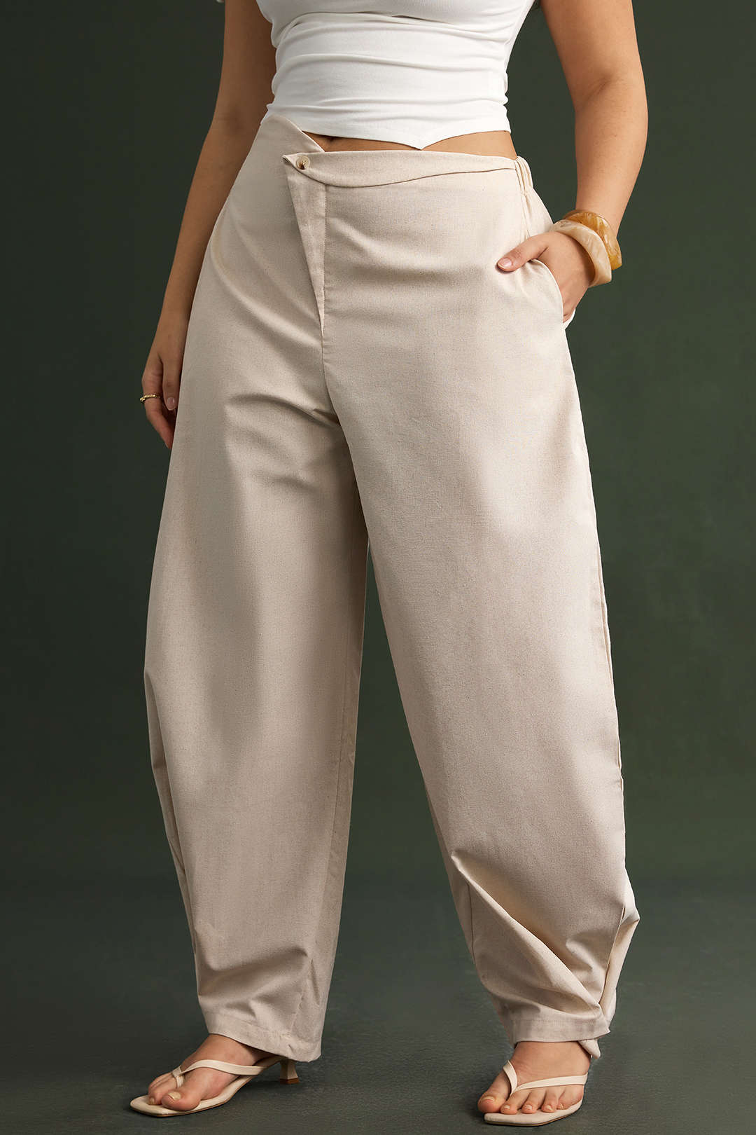 Plus Size Linen Button Asymmetrical Ruched Barrel Trousers - Image 5
