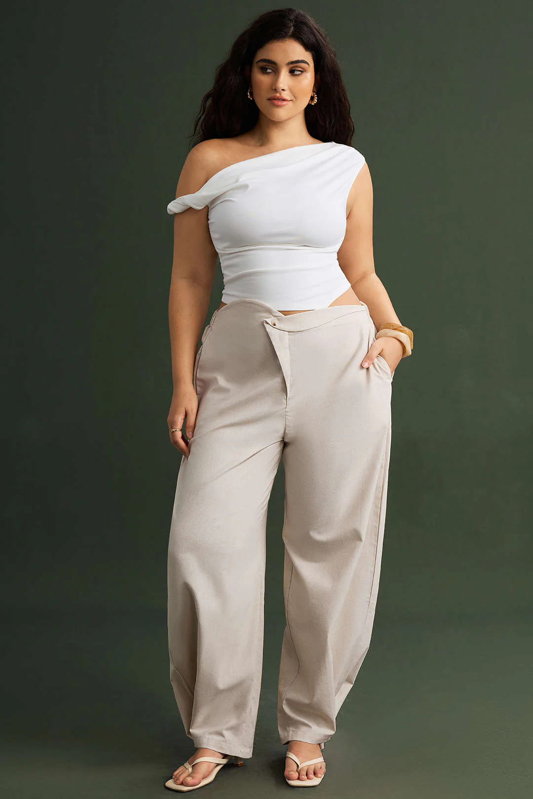 Plus Size Linen Button Asymmetrical Ruched Barrel Trousers - Image 6