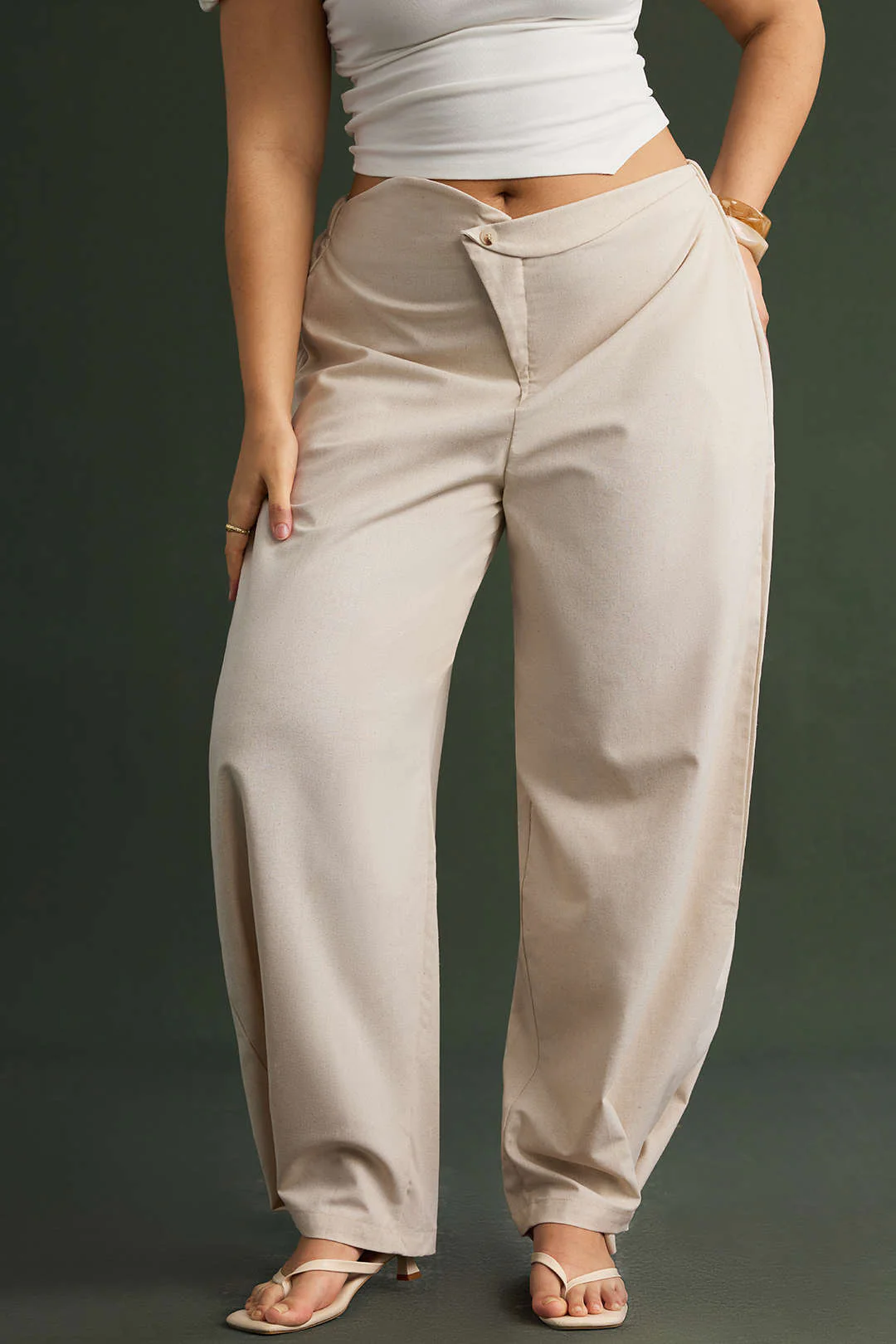 Plus Size Linen Button Asymmetrical Ruched Barrel Trousers - Image 7