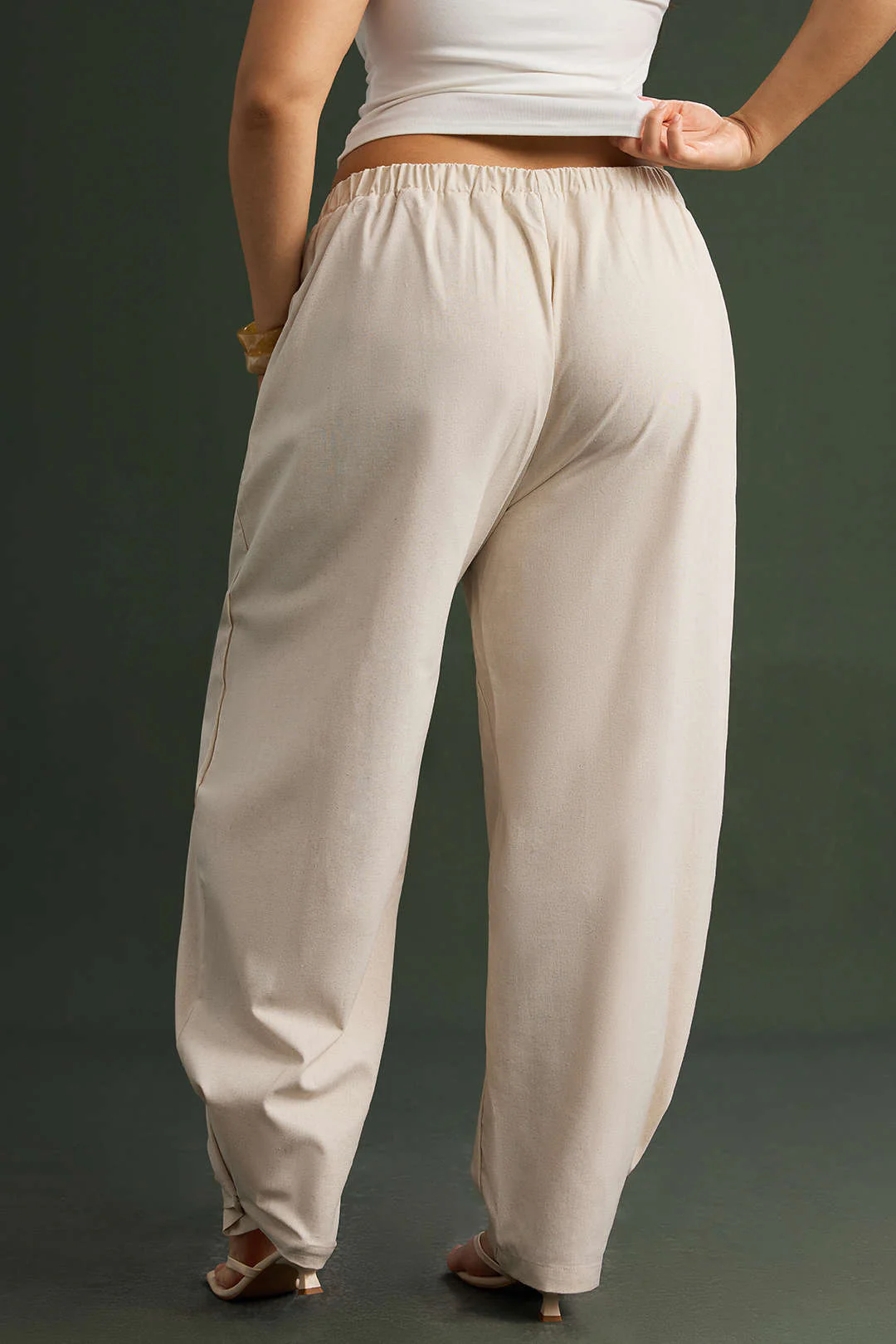 Plus Size Linen Button Asymmetrical Ruched Barrel Trousers - Image 9