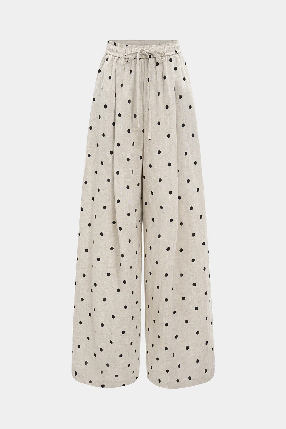 Polka Dots Print Linen Drawstring Wide Leg Trousers