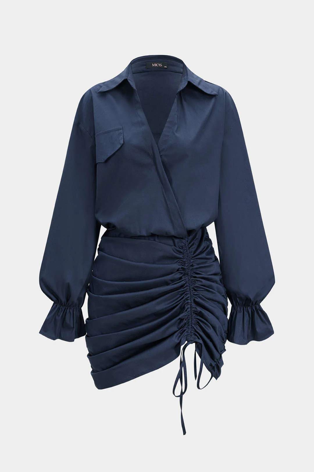 Ruched V-Neck Drawstring Ruffle Long Sleeve Mini Dress - Image 3
