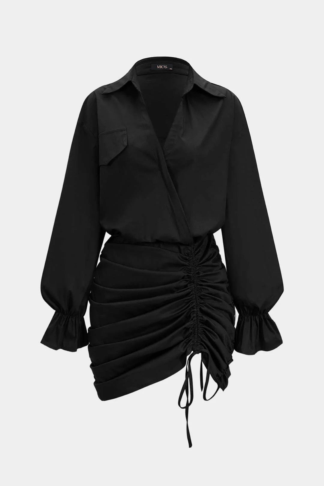 Ruched V-Neck Drawstring Ruffle Long Sleeve Mini Dress - Image 4