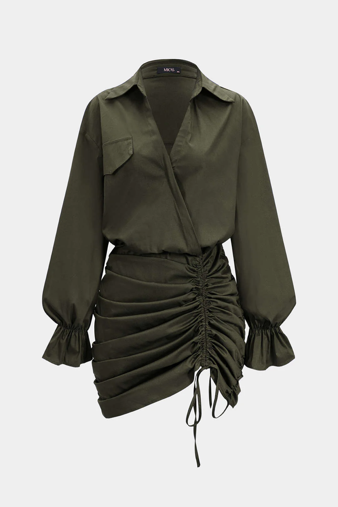 Ruched V-Neck Drawstring Ruffle Long Sleeve Mini Dress - Image 5