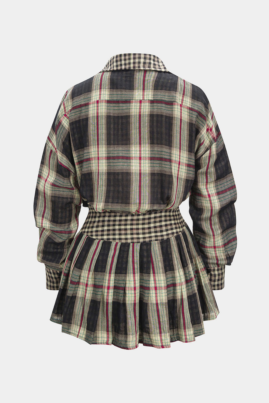 Plaid Print Button Long-Sleeve Shirt And Mini Skirt Set - Image 2