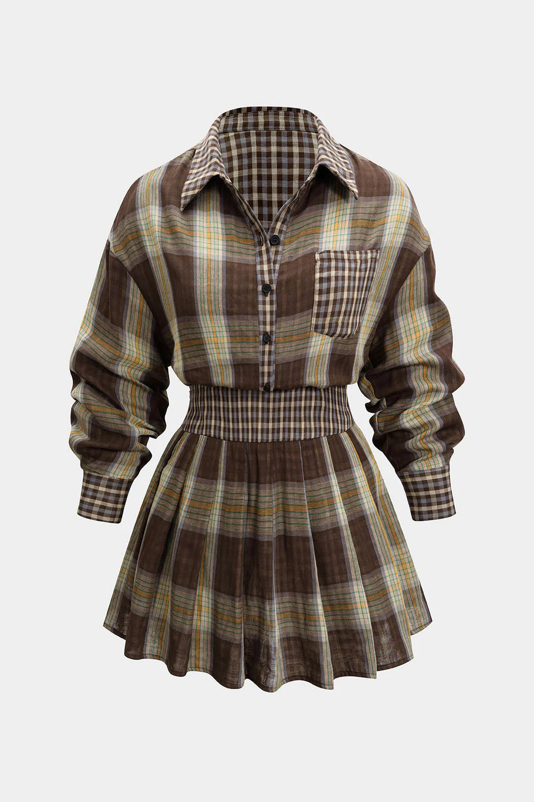 Plaid Print Button Long-Sleeve Shirt And Mini Skirt Set - Image 7