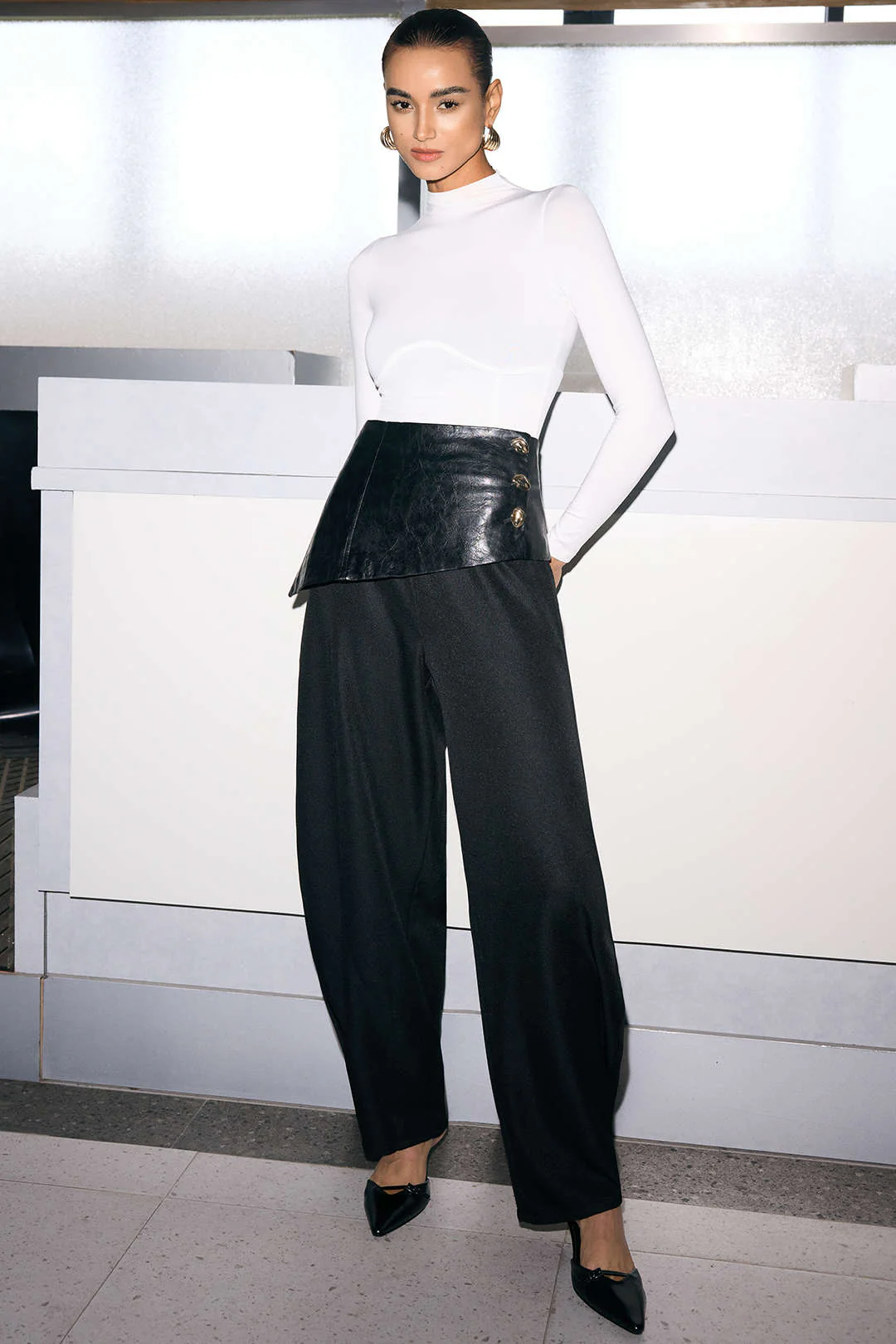Faux Leather Metallic Asymmetrical Patchwork Trousers - Image 5
