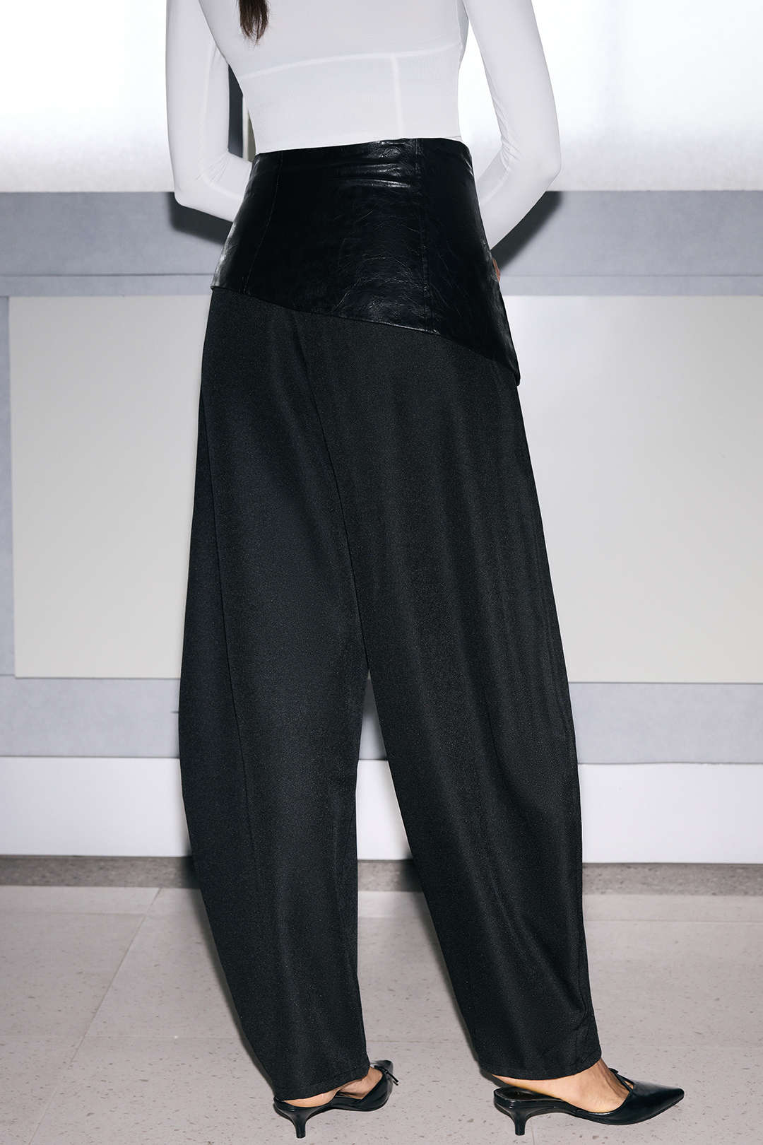 Faux Leather Metallic Asymmetrical Patchwork Trousers - Image 9