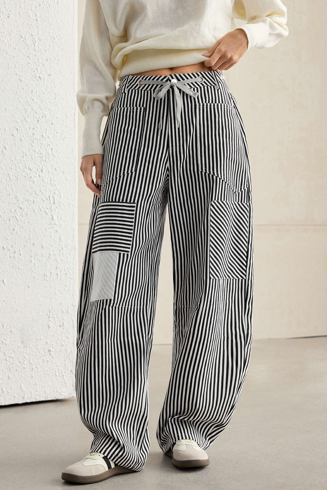 Stripe Print Pocket Drawstring Barrel Trousers - Image 3