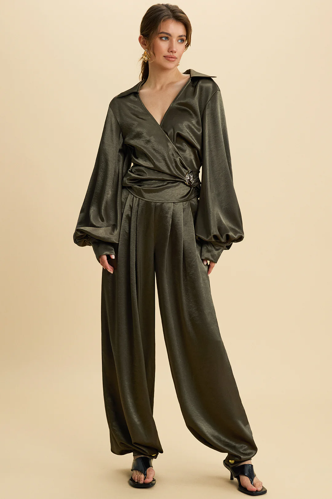 Satin High Waist Pleated Pants - Image 2