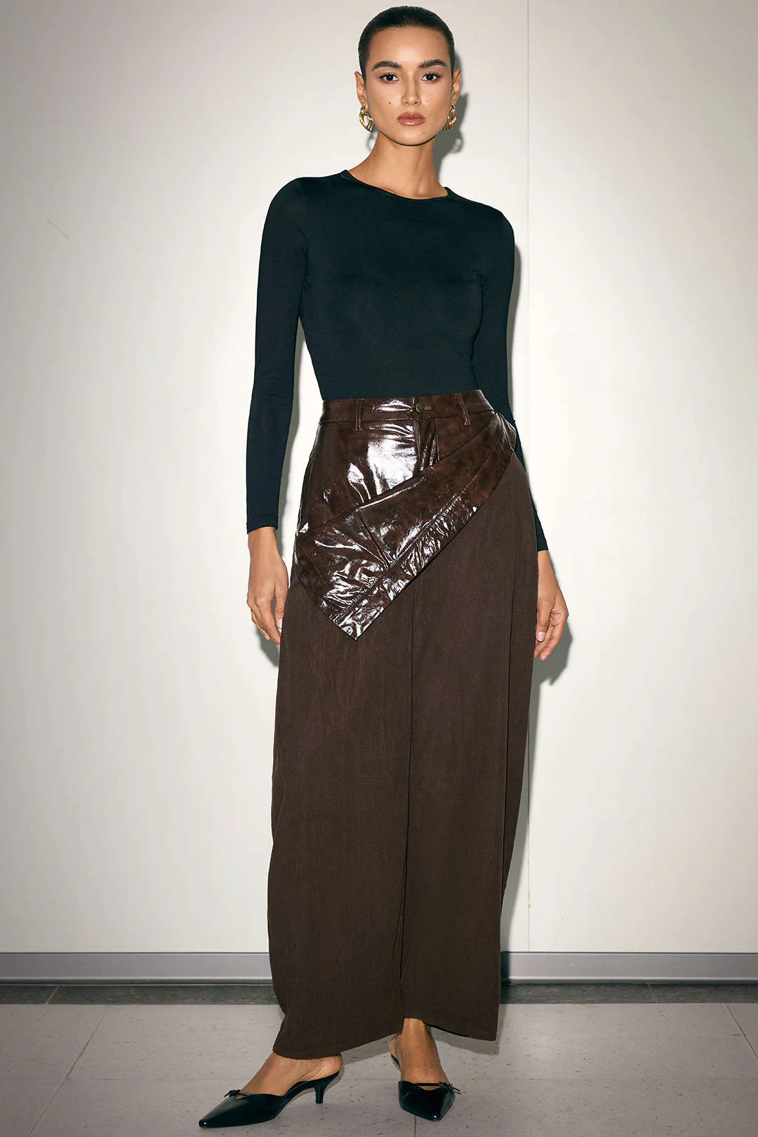 Faux Leather Patchwork Zipper Wide Leg Pocket Barrel Trousers - Image 7