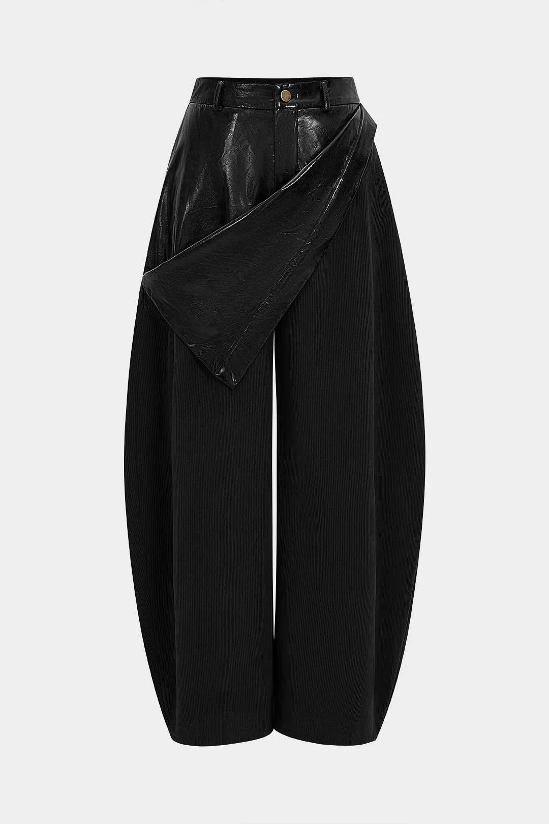 Faux Leather Patchwork Zipper Wide Leg Pocket Barrel Trousers - Image 9