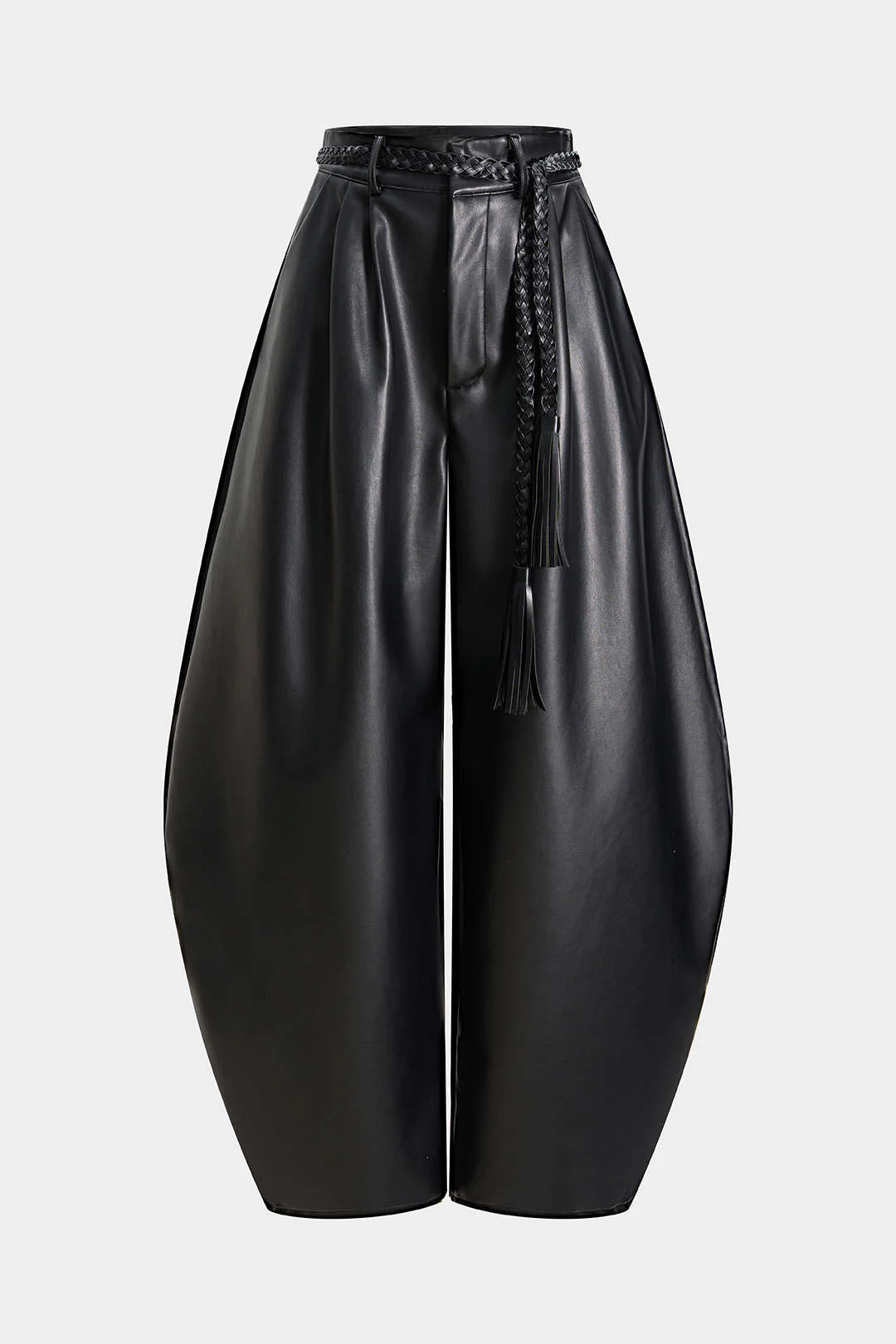 Faux Leather Braided Belted High Waist Barrel Trousers